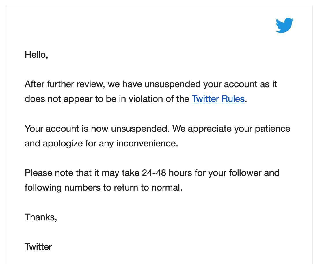 An email from Twitter saying that I don't violate Twitter Rules